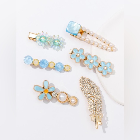Blue & Gold Flower Decor Faux Pearl Alligator Hair Clips 6 Piece Set - Picture 2 of 3